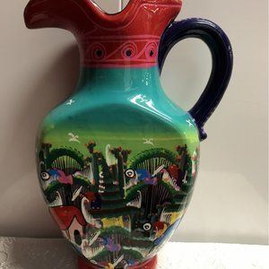 Vintage Large Talavera Hand Painted Colorful Pitcher Jug Beautiful 14" Tall